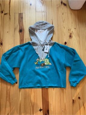 Re/Done Turquoise Hoodie with Miner Graphic and Gray Trim